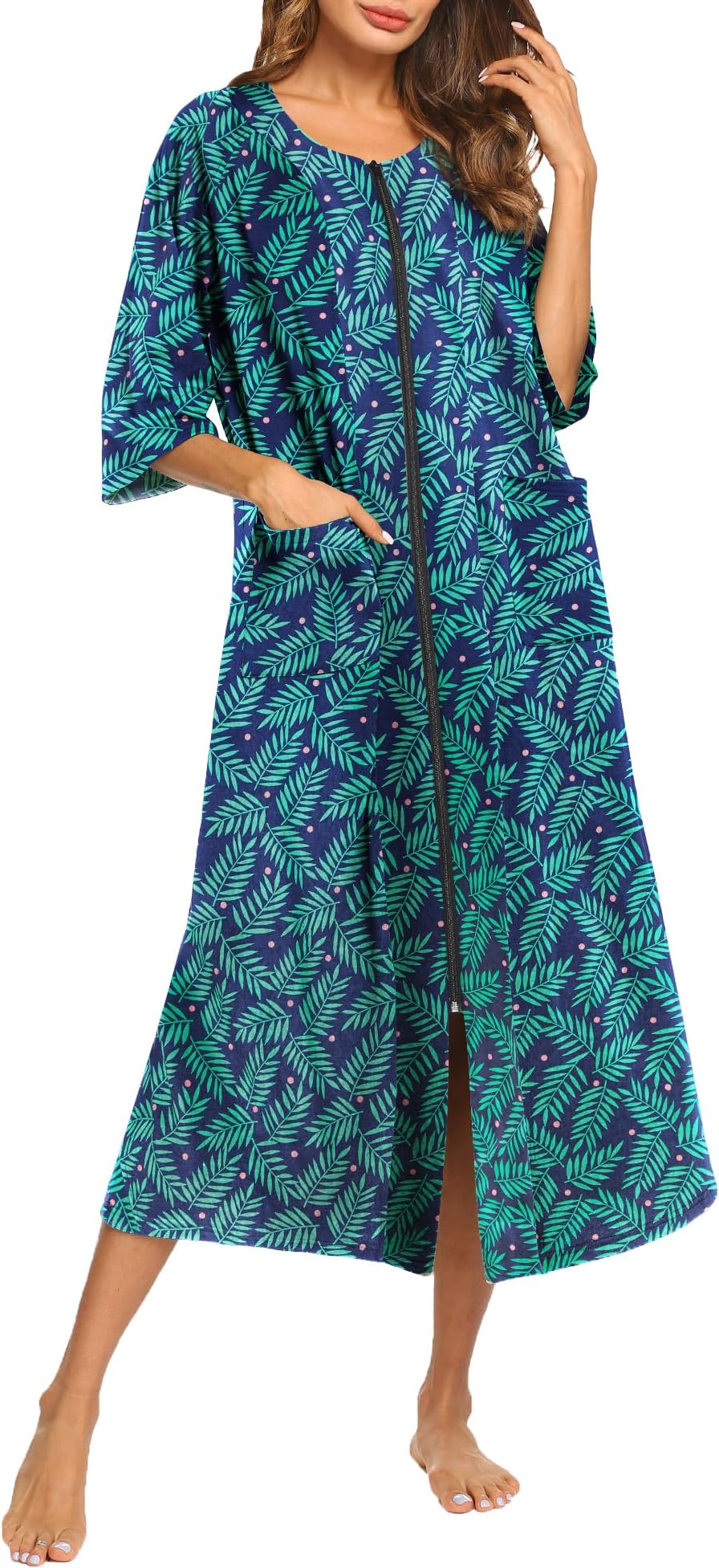 Ekouaer Women's Zipper Robe 3/4 Sleeve Housecoats Full Length House Dress Loungewear Long Nightgown with Pockets