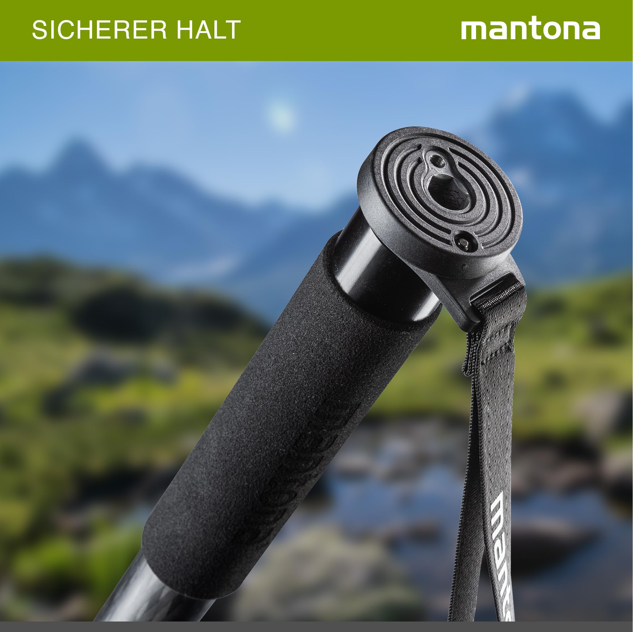 mantona Pro One Einbeinstativ aus ultraleichtem Carbon schwarz, Stativ höhenverstellbar von 44 cm bis 165 cm, praktische Schaumstoffummantelung & Handschlaufe, kompakt & belastbar mit Zubehör