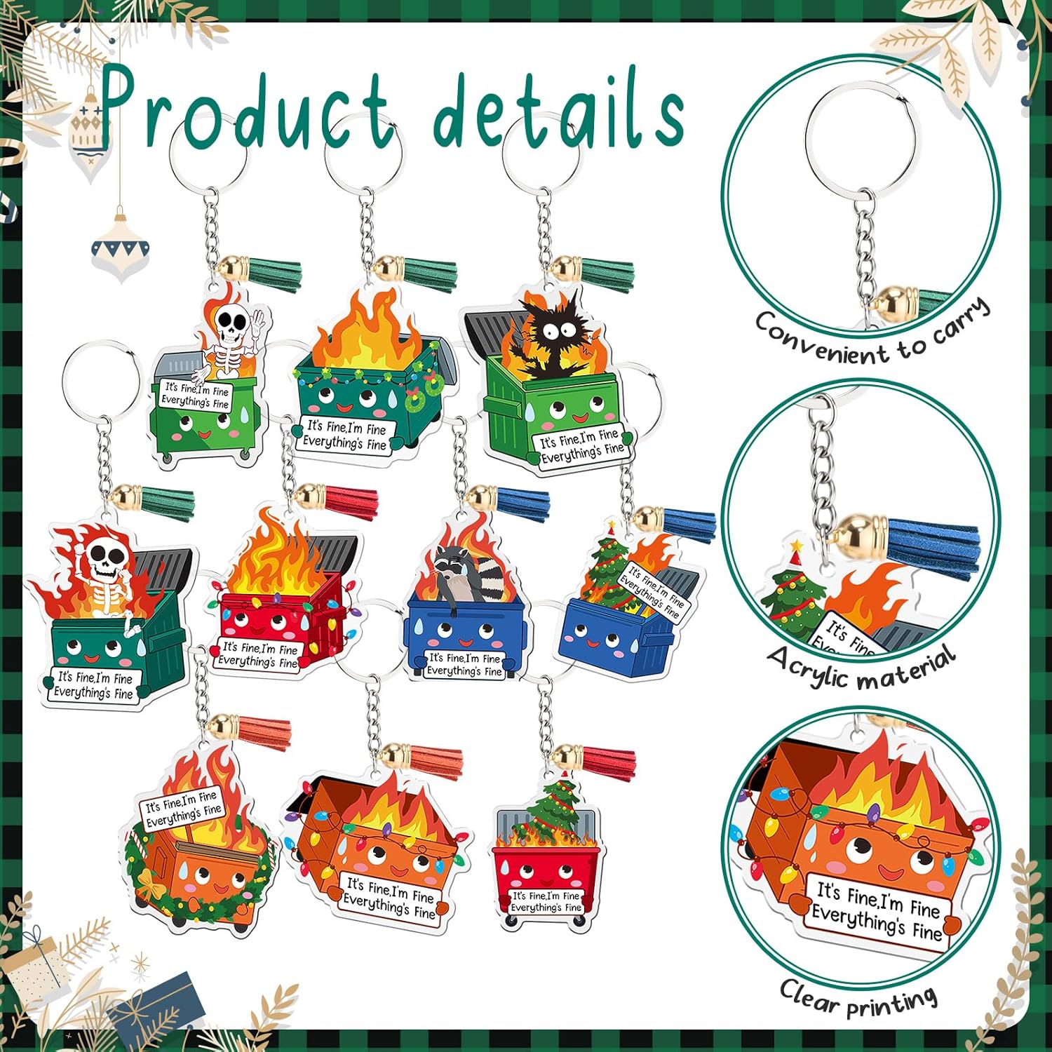 Sureio 40 Pcs Dumpster Fire Keychains Bulk Christmas Dumpster Fire Acrylic Keychains with Tassel Christmas Funny Office Gifts Employee Emotional Support Appreciation Gifts for Coworkers Staff Team - Image 3