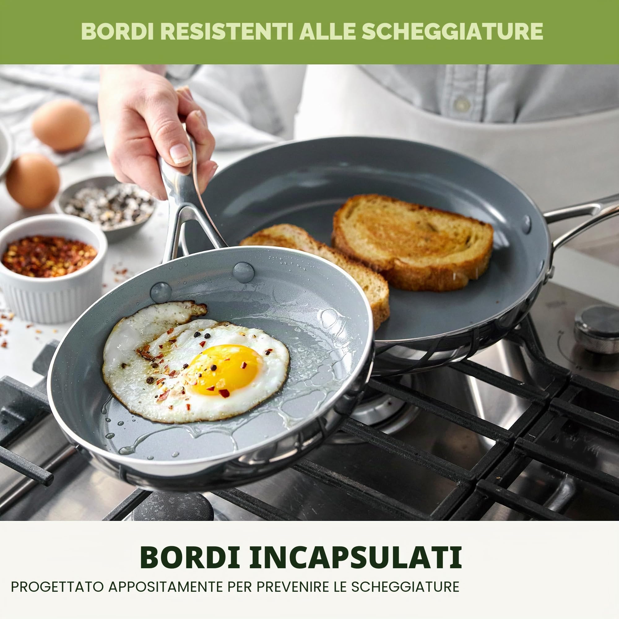Greenpan Valencia Pro - Set di padelle in acciaio inox a tre strati da 20,3 cm e 25,4 cm, rivestimento in ceramica sana antiaderente senza PFA, senza PFOA, pentole multirivestite, induzione,