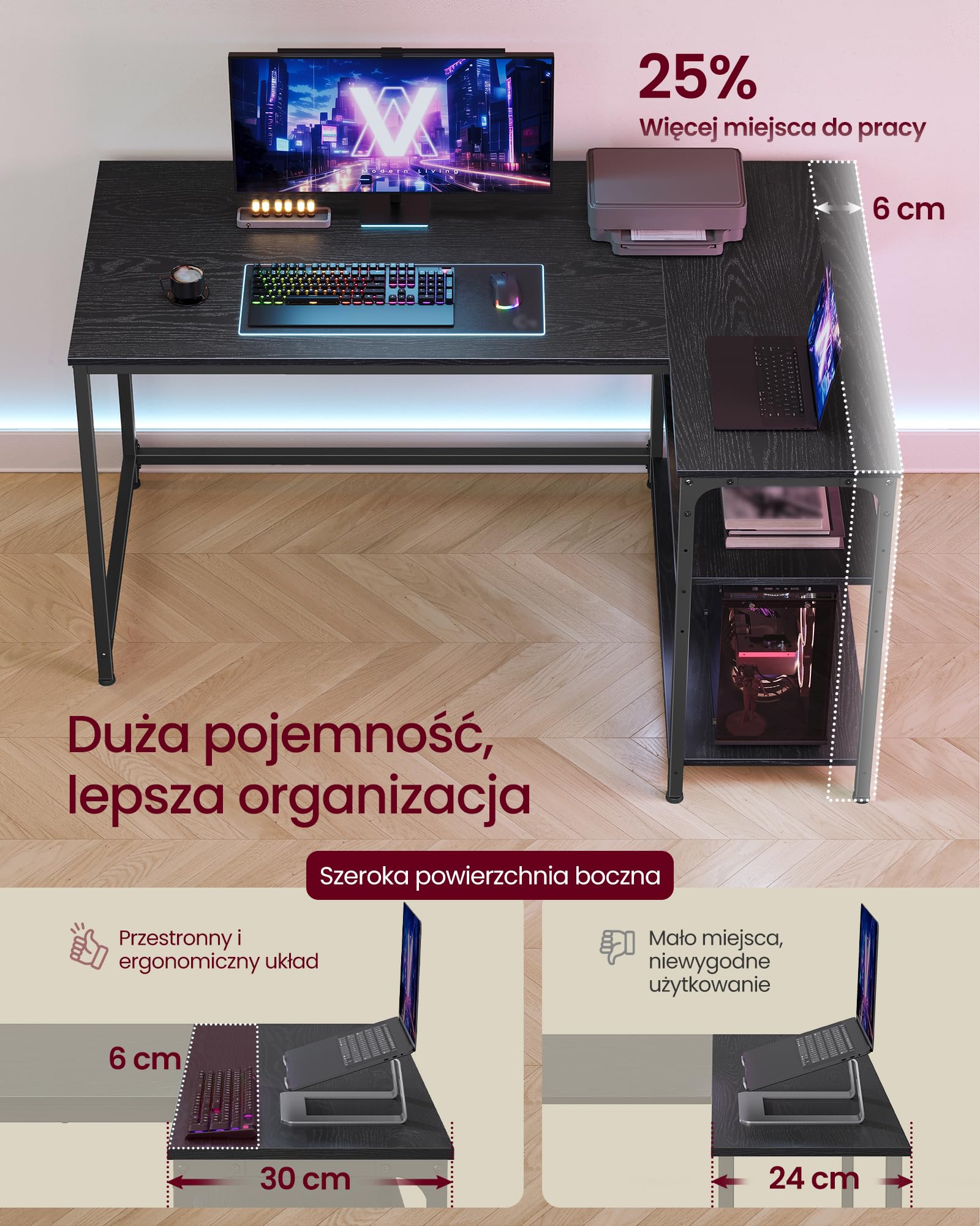 VASAGLE Biurko narożne w kształcie litery L, biurko komputerowe z miejscem do przechowywania, dwustronne półki z regulacją wysokości, do domowego biura, 120 x 80 cm, hebanowe czarne LWD136BE01
