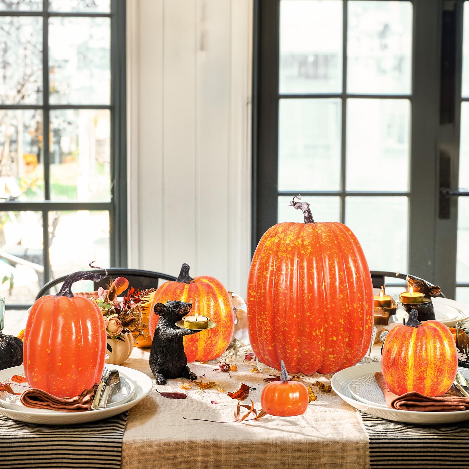 7 Pezzi Set di zucche artificiali, zucche decorative autunnali, zucche finte di schiuma arancione per la decorazione di Halloween del Ringraziamento autunnale