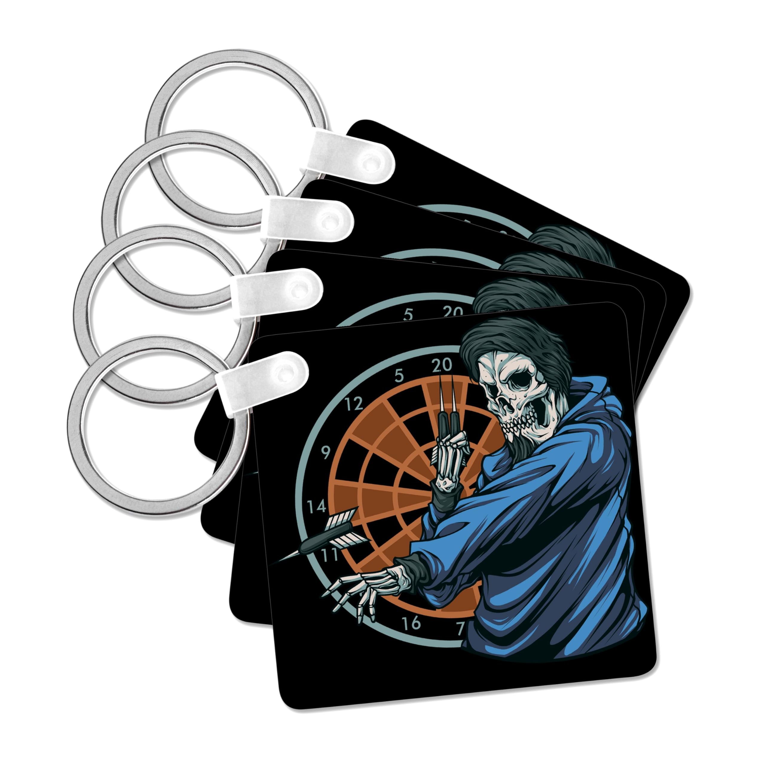 3dRose, Horror Skull with Arrow and Dartboard for Darts Player, set of 4 Key Chains