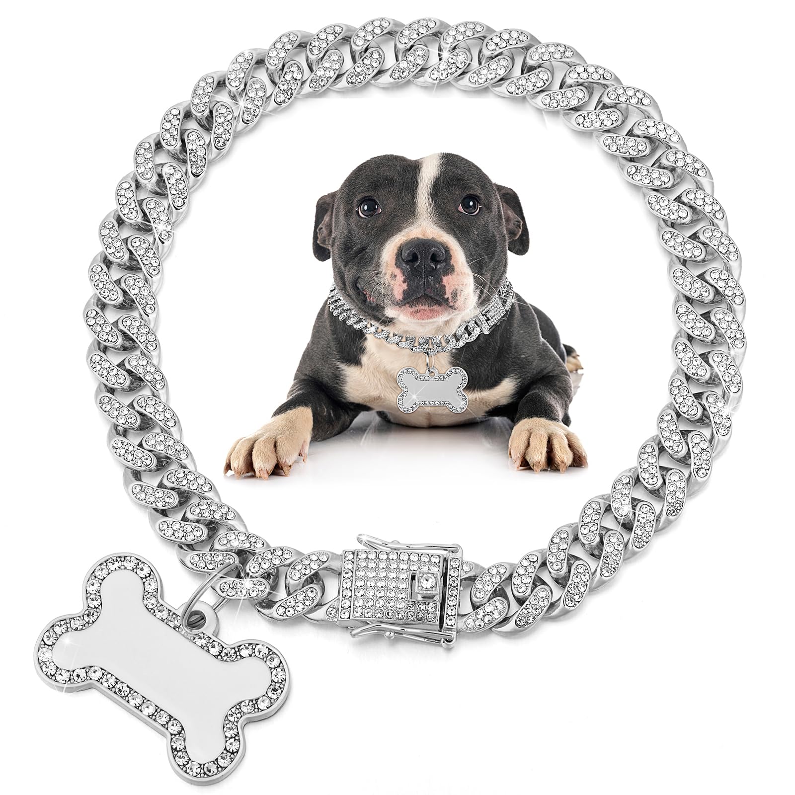 Hillban Dog Chain Silver Diamond Collar with Pet ID Jewelry Tags Rhinestones Stainless Steel Metal Link Collar Walking Chain Necklace for Christmas Puppy Boys Girls Gift Small Dogs (12 Inch) โ image 1