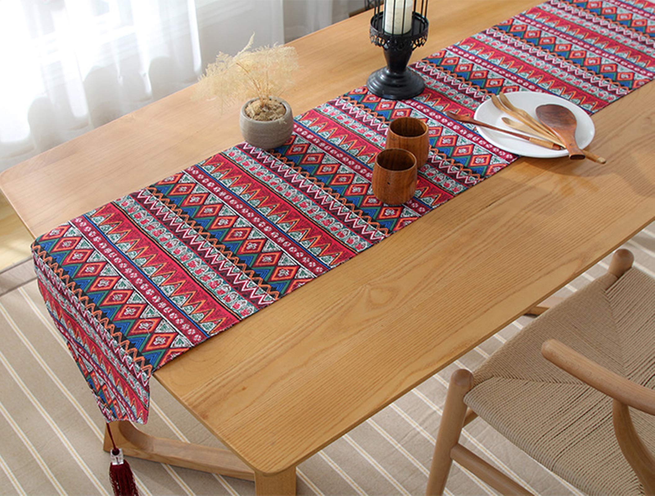 Tischdecken Meterware, Tischband Crash rot Retro Geometric Tischläufer Cotton 33x140CM