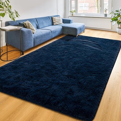 Maxsoft M Navy Blue Rugs for Living Room, 5x8 Feet Fluffy Shag Kids Area Rug for Boys Bedroom Dorm Nursery, Shaggy Furry Carpet for Playroom Indoor Modern Home Decor