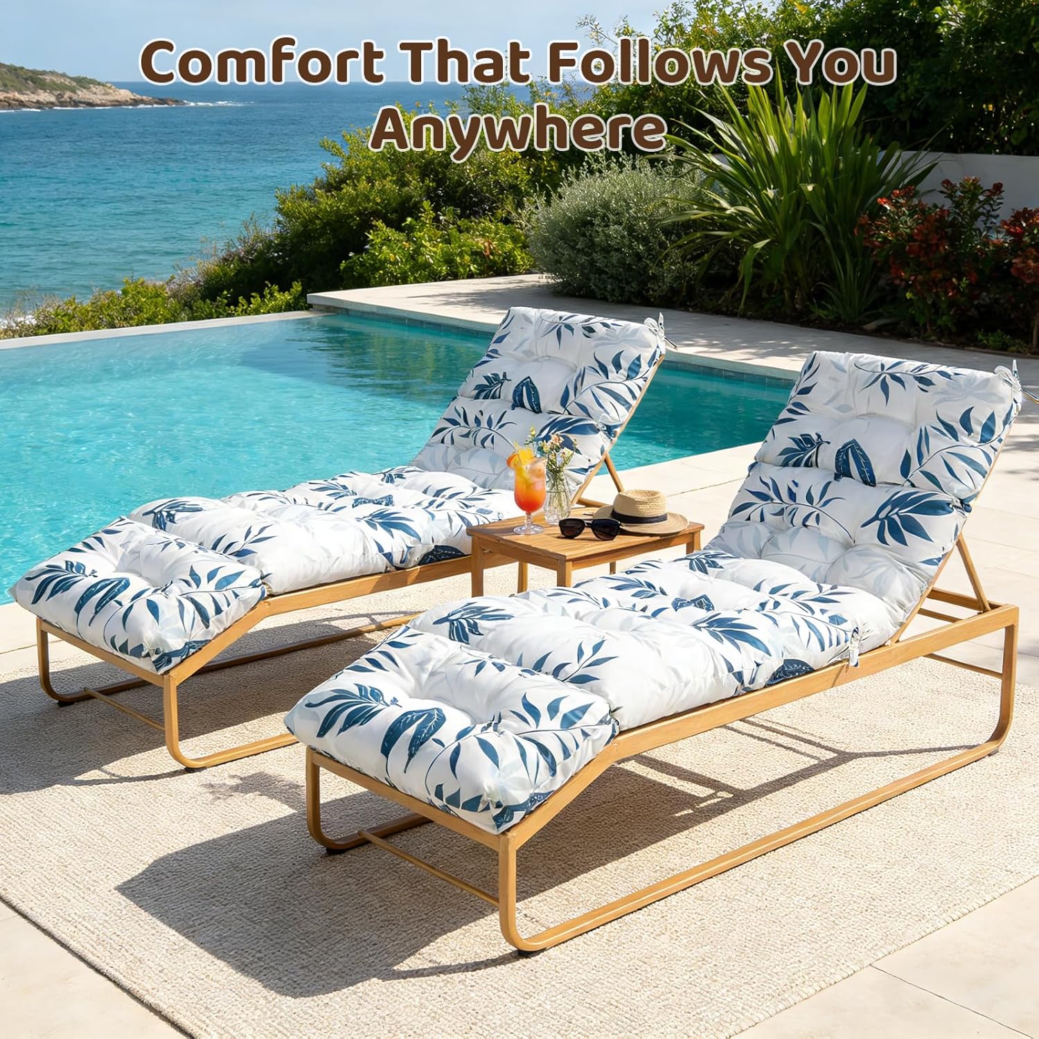 Outdoor Chaise Lounge Chair Cushion - Waterproof 74.8 x 21.7 x 4.7 Inches Memory Foam Pool Lounge Chair Cushions Replacement for Outdoor Furniture with Ties: Thickened Pool Chair Cushions, Leaf