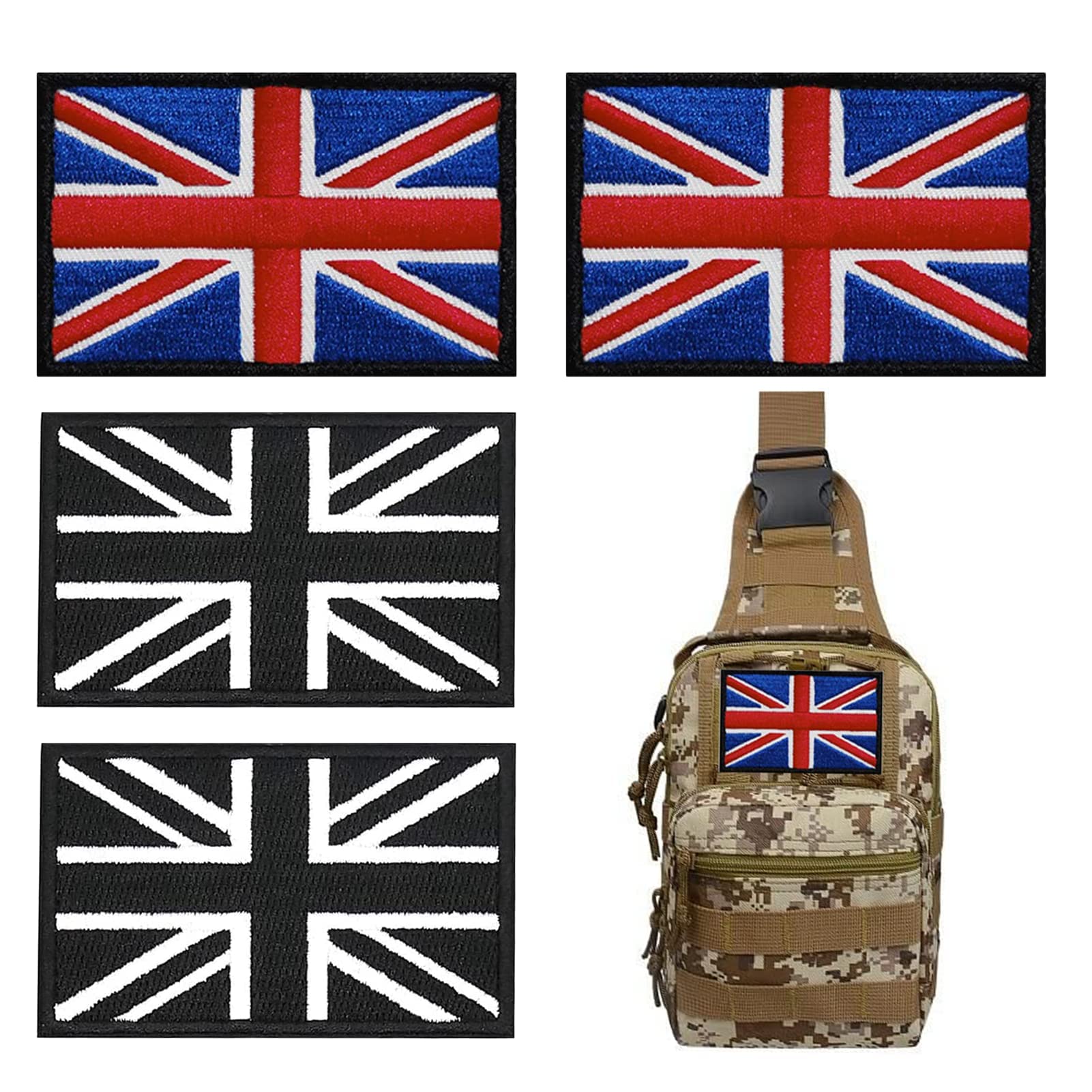 4-Pack British Union Jack Patches - Black & White & Blue UK Flag Embroidered Appliques with Hook and Loop Fasteners for Velcro Patch for Military Uniform, Tactical Bags, Jackets, Jeans, and Hats