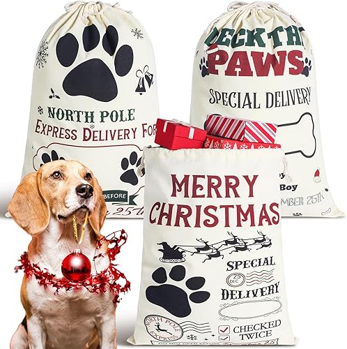 Clysee Saco de Papá Noel de 3 piezas, bolsa grande de Navidad para mascotas, bolsa de regalo de perro con cordón de Navidad, bolsa de regalo para