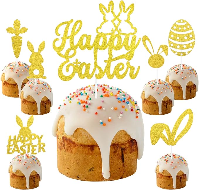 HOWAF 25pcs Easter Cake Decorations, Glitter Easter Cake Toppers Easter Cupcake Toppers Happy