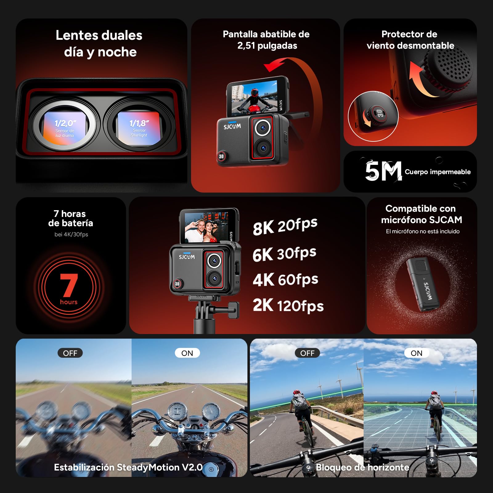 SJCAM SJ30 8K/20FPS,4K/60FPS Camara Vlog con Visión Nocturna Doble Lente,Micrófono Inalámbrico,Autonomía 7H,Estabilización SteadyMotion 2.0,Pantalla Táctil Flip 2,51" para Deportiva,Moto,Vlog,MTB