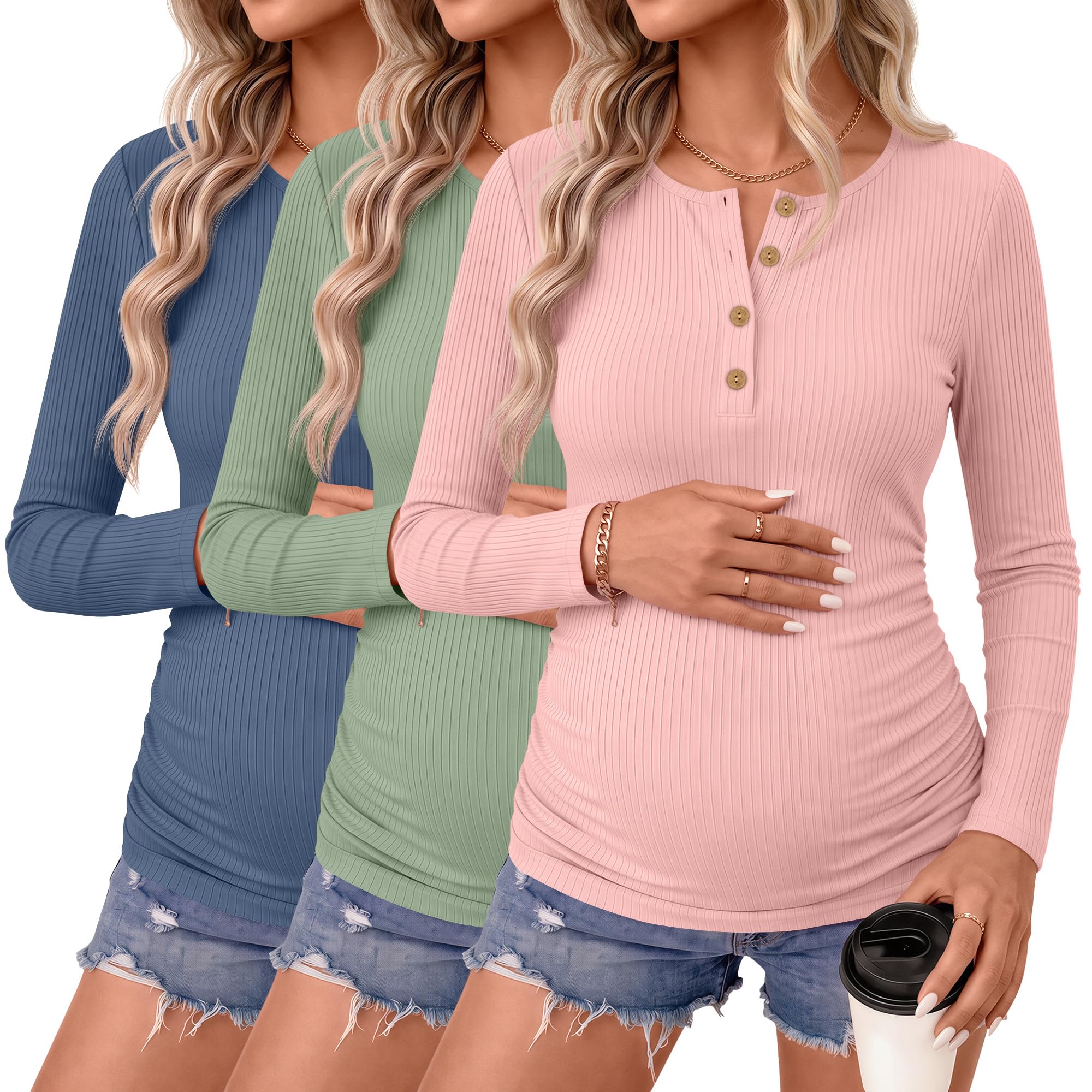 Ficerd 3 Pack Women's Maternity Long Sleeve Shirts Pregnancy Top