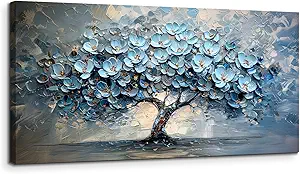 crmotu Tree of Life Large Wall Art for Living Room, Blue Floral Tree Abstract Canvas Prints Aesthetic Pictures, Modern Neutral Wall Decor for Bedroom Bathroom Office, Nature Botanical Decor 24"X48"