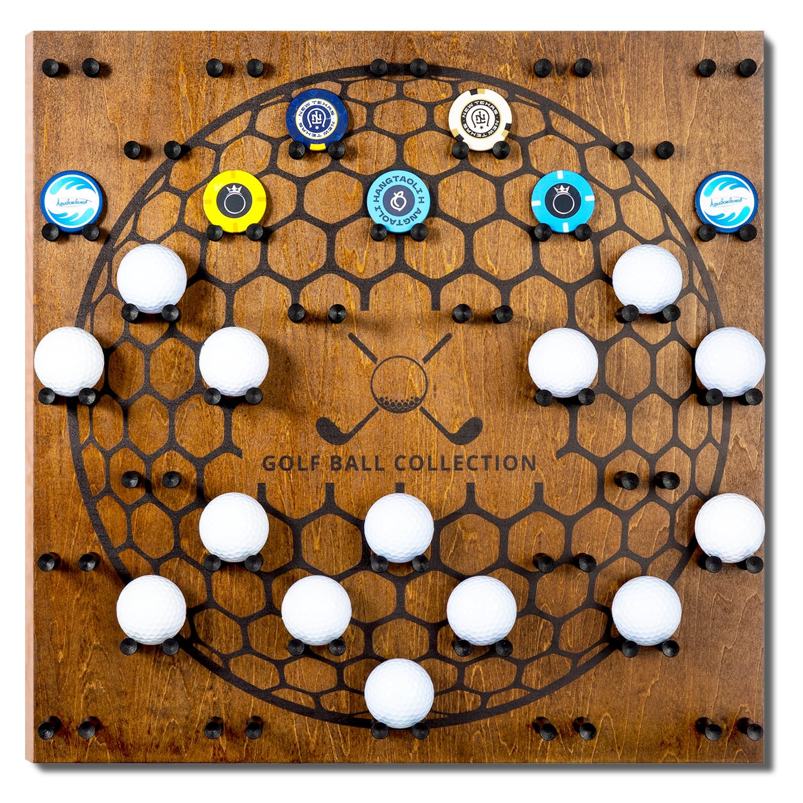 38 Golf Ball Display Case Wall Mount - Golf Accessories for Men, Cool Unique Gifts for Golfer Men Women, Memorabilia Stand Poker Chip Holder, Wood Board and Tee, Brown