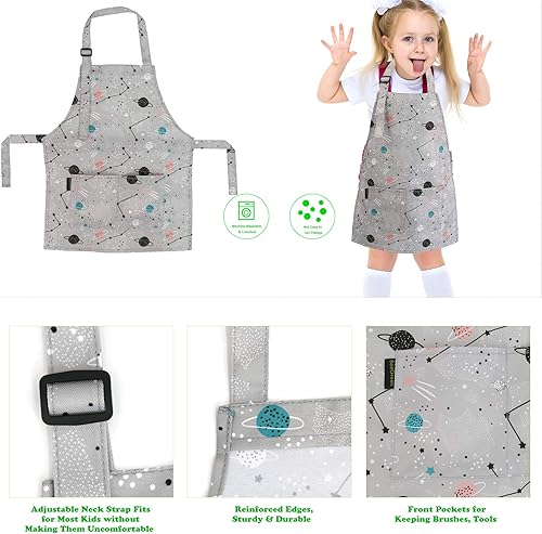 Miniatura 3 de BeeGreen Rocket Planet Kids - Paquete de 2 delantales de cocina con correa ajustable delantales de cocina para niños con bolsillo frontal para niñas
