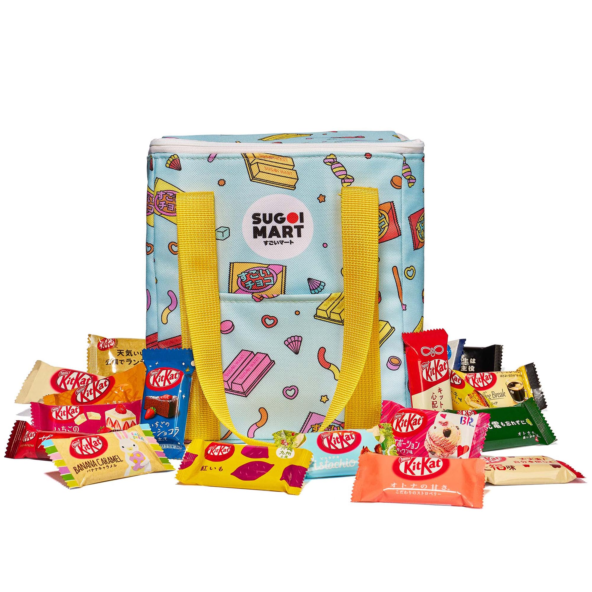 Sugoi MartJapanese Kitkat Variety Pack - 60 Pcs Mini Kitkats Individually Wrapped Japanese Chocolate Wafer Bars, 7-10 Assorted Flavors with Stylish, Reusable Cooler Bag