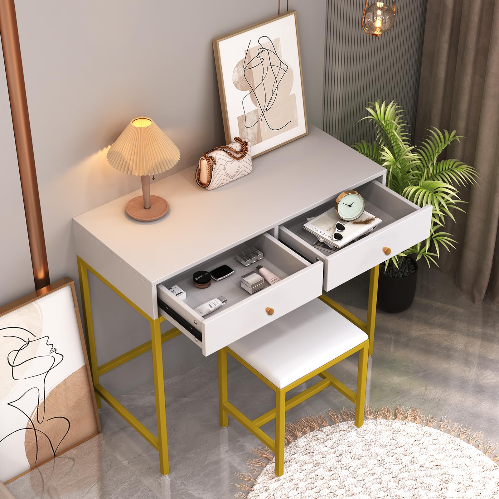 Kaptafel met Spiegel en Lade - Make-up Tafel Opbergrek - Tafels
