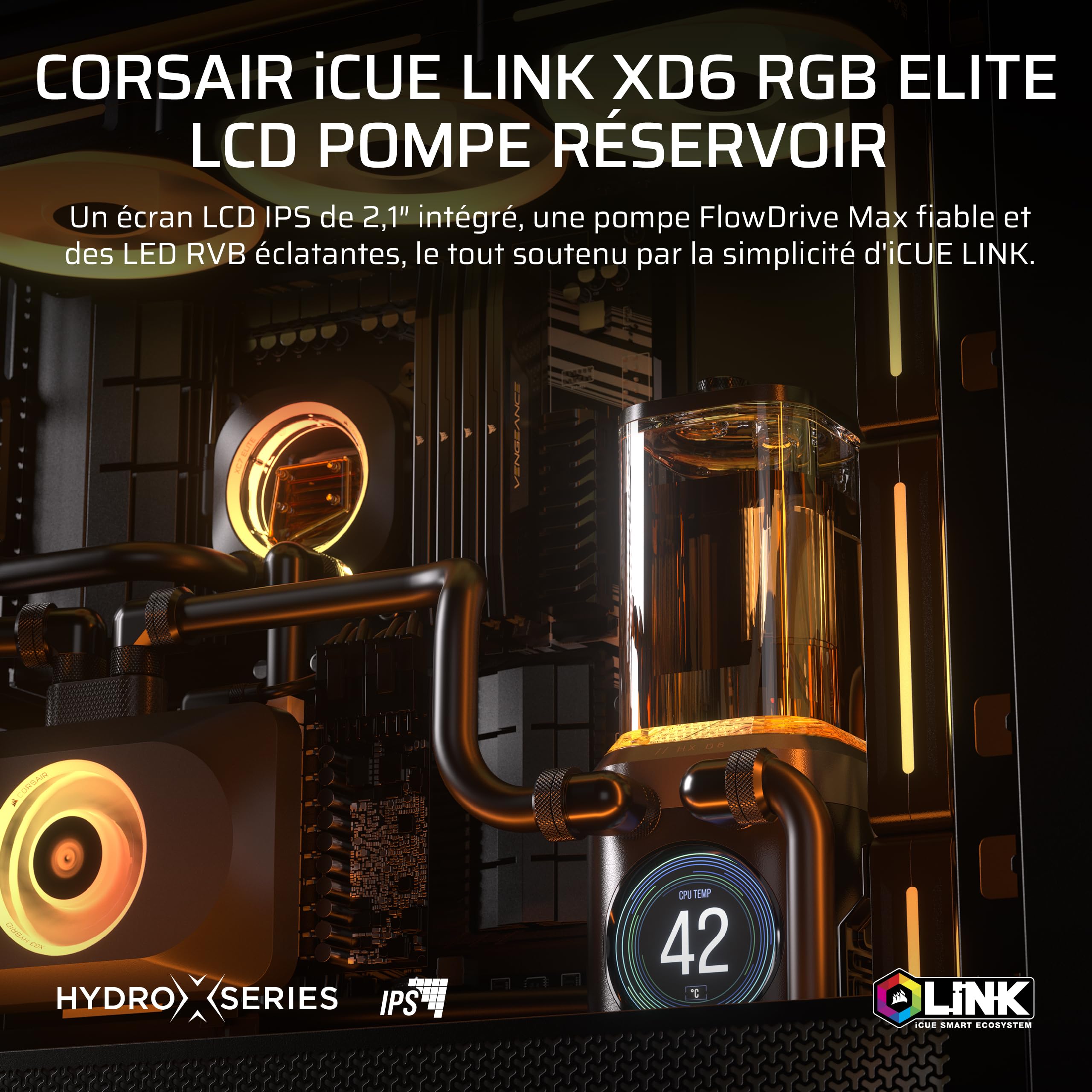 CORSAIR iCUE Link XD6 RGB Elite LCD Pump/Reservoir – Pompe FlowDrive Max, Écran LCD IPS 480x480, Capteur de Température Intégré, 22 LEDs RGB Adressables, Réservoir Nylon 440ml – Gris Furtif