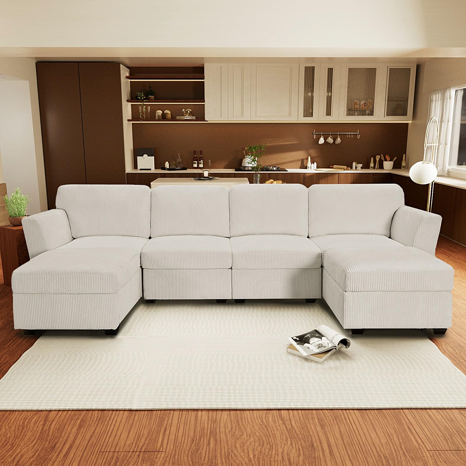 Modular Sectional Couch with Storage Corduroy Sectional Sofa with U Shaped Sectional Couches Whith 2 Ottomans for,Corduroy Fabric for Living Room,Bed and Apartment (White, 134.6 inch 6 Seater)(Incomplete only 1 box to pick up)