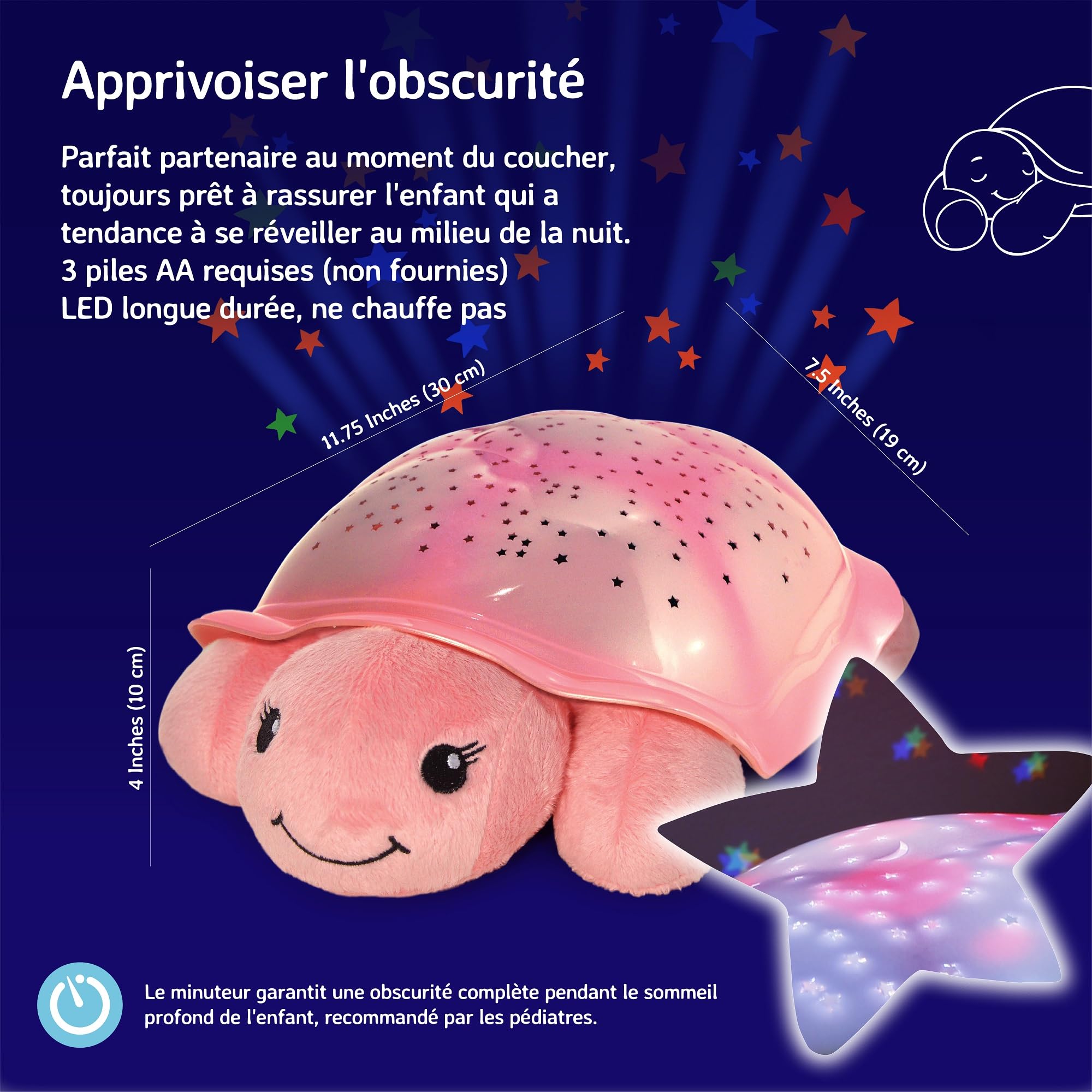 Cloud b Veilleuse Apaisante Projecteur d'étoiles avec sons apaisants | Luminosité douce | 3 couleurs | Arrêt automatique | Veilleuse musicale Tortue Twinkling Twilight Turtle Rose
