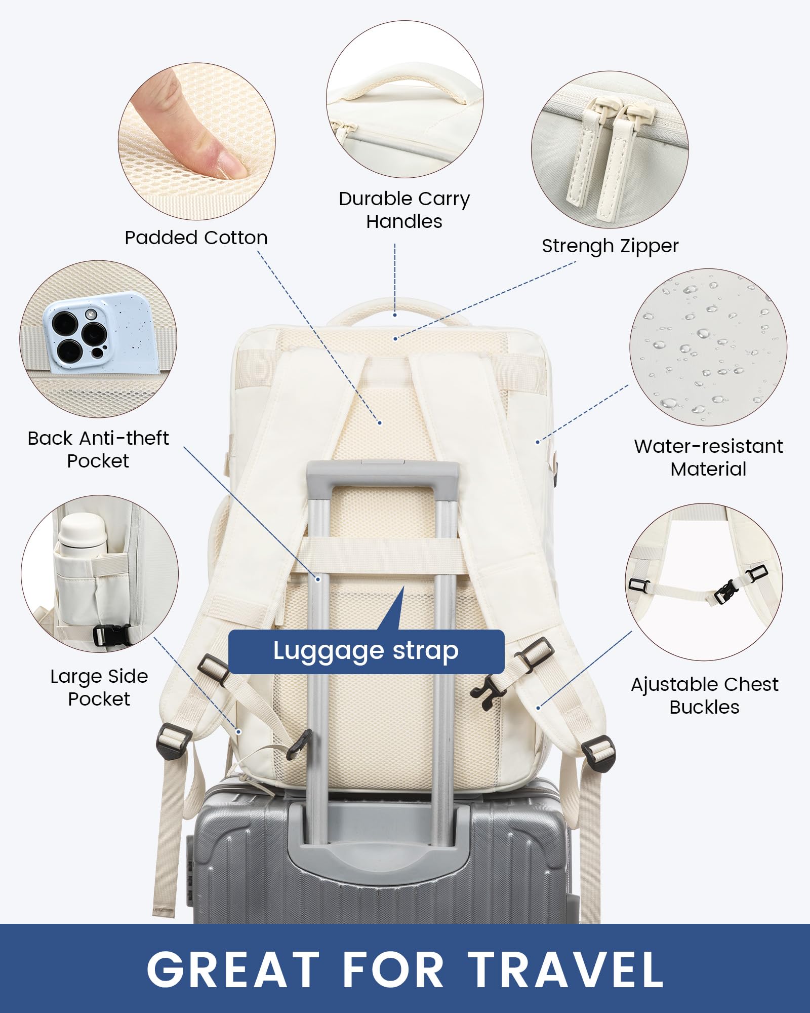 LOVEVOOK Zaino da Viaggio Aereo Bagaglio a Mano 40L Grande Borsa da Cabina per Voli Impermeabile Antifurto Zaino Viaggio Uomo Donna 17,3 Pollici Zaino Porta PC per Scuola Lavoro Trekking, Beige