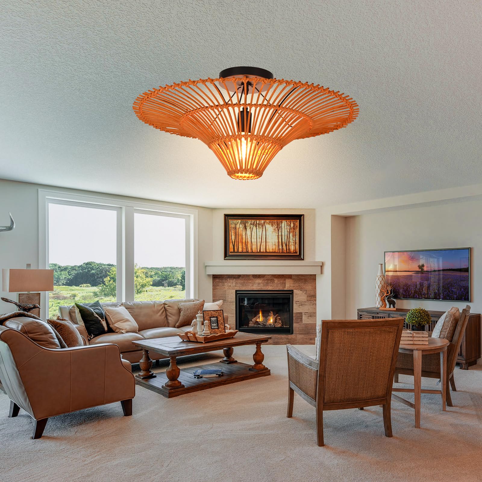 Ceiling Lights Fixture Boho Pendant Lights Kitchen Island Woven Rattan Light Fixture Wicker Chandelier for Farmhouse Bedroom