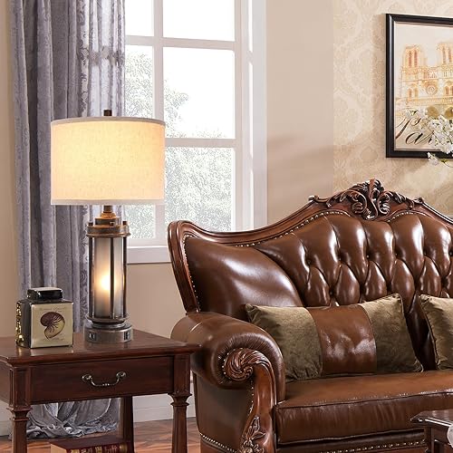 Miniatura 8 de Lámpara de mesa de granja de 25 pulgadas con 2 puertos de carga USB, lámpara de mesita de noche rústica vintage con luz nocturna de vidrio