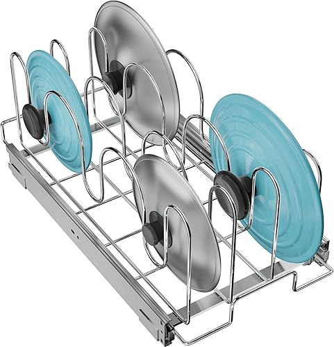 RITSU Organizador de tapa de sartén y olla deslizante para gabinete, estante extraíble para tapa de olla, tabla de cortar, soporte para utensilios