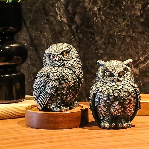 2 Pack Small Vintage Style Owl Statues for Home, Modern Style Owls Figurine Decorative Ornaments for Living Room, Bedroom, Office Desktop, Cabinets, Knick Knacks for Shelves Decor