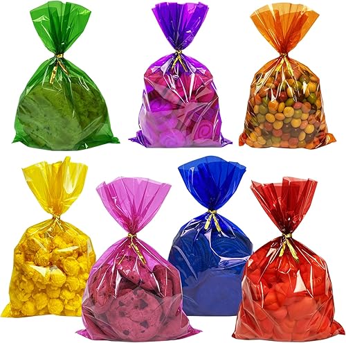 Yotelab Bolsas de celofán de colores para dulces, galletas, 6 x 9 pulgadas, 100 bolsas de celofán coloridas con lazos giratorios
