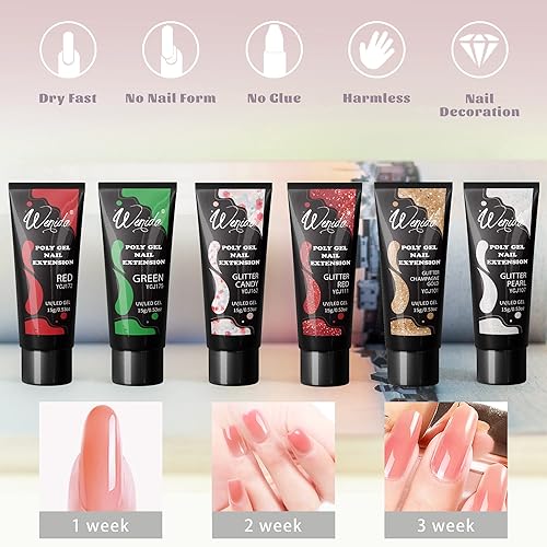 Miniatura 3 de Wenida Kit de extensión de uñas de gel rojo purpurina verde Navidad 6 colores constructor de uñas de gel para mejorar las uñas juego de gel para el