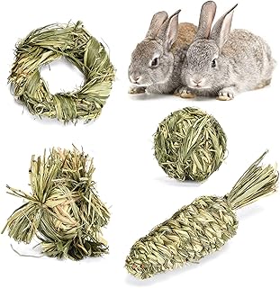 EUBUY Rabbit Chew Grass Balls, 4PCS Natural Timothy Grass Balls Rabbit Grass Balls Small Animal Activity Play Rabbit Grass Toys for Rabbits