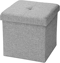 SortWise 15 Inches Folding Storage Ottoman, Linen Padded Ottoman with Storage Chest Footrest (Grey, 15" x 15" x 15")