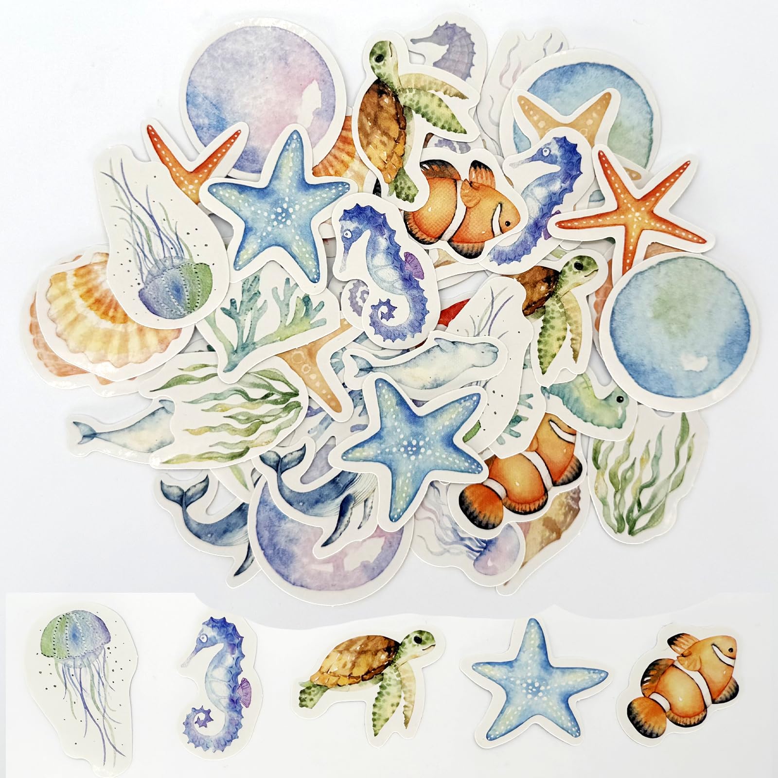 46 Pcs Watercolor Ocean Scrapbooking Stickers, Small Sea Shell Starfish Seahorse Marine Life Stickers for DIY Art Crafts Decoration,Journal,Envelope,Phone Case,Water Bottles,Laptops