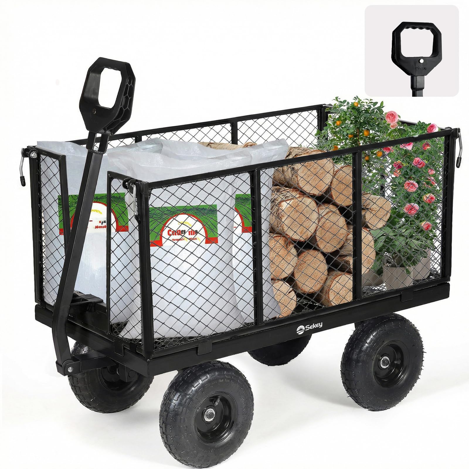 Sekey Heavy Duty Garden Trolley on Wheels, 550kg/200L XXL Metal Utility Cart, 3-in-1 Pull Wagon with Tall Removable Sides & Flatbed, 10" Pneumatic Tyres for Plants, Logs, Camping, Festivals - Black โ image 1