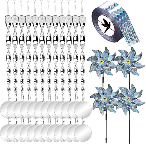 Bird Devices - Juego de dispositivos para exteriores, varillas reflectantes y cinta para pájaros, reflector de pájaros de doble cara, molinetes