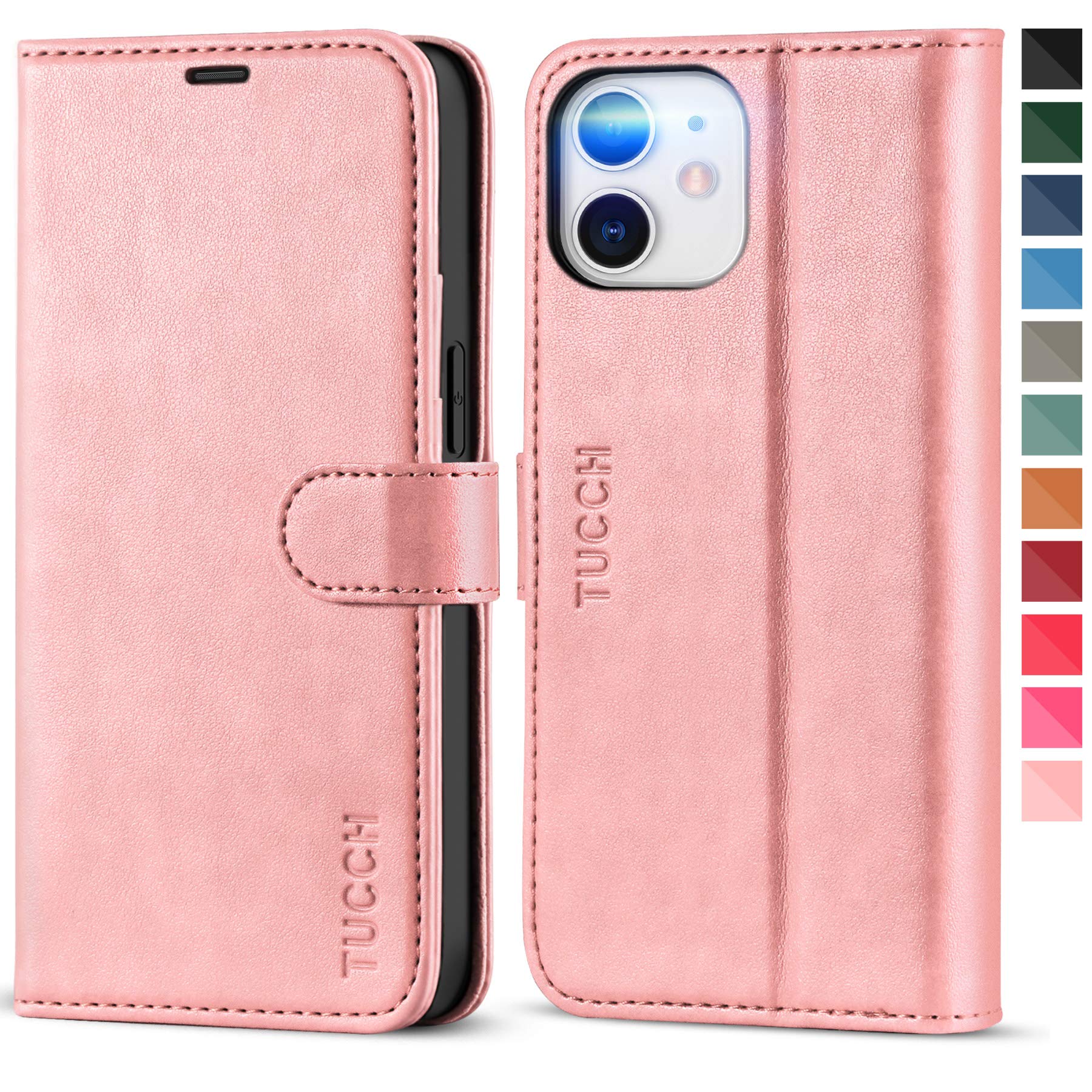 TUCCH iPhone 12 Mini Wallet Case, iPhone 12 Mini Leather Case with[RFID Blocking Protect] Card Slots[TPU Shockproof Case] Kickstand Magnetic Folio Cover Compatible with iPhone 12 Mini(5.4), Rose Gold