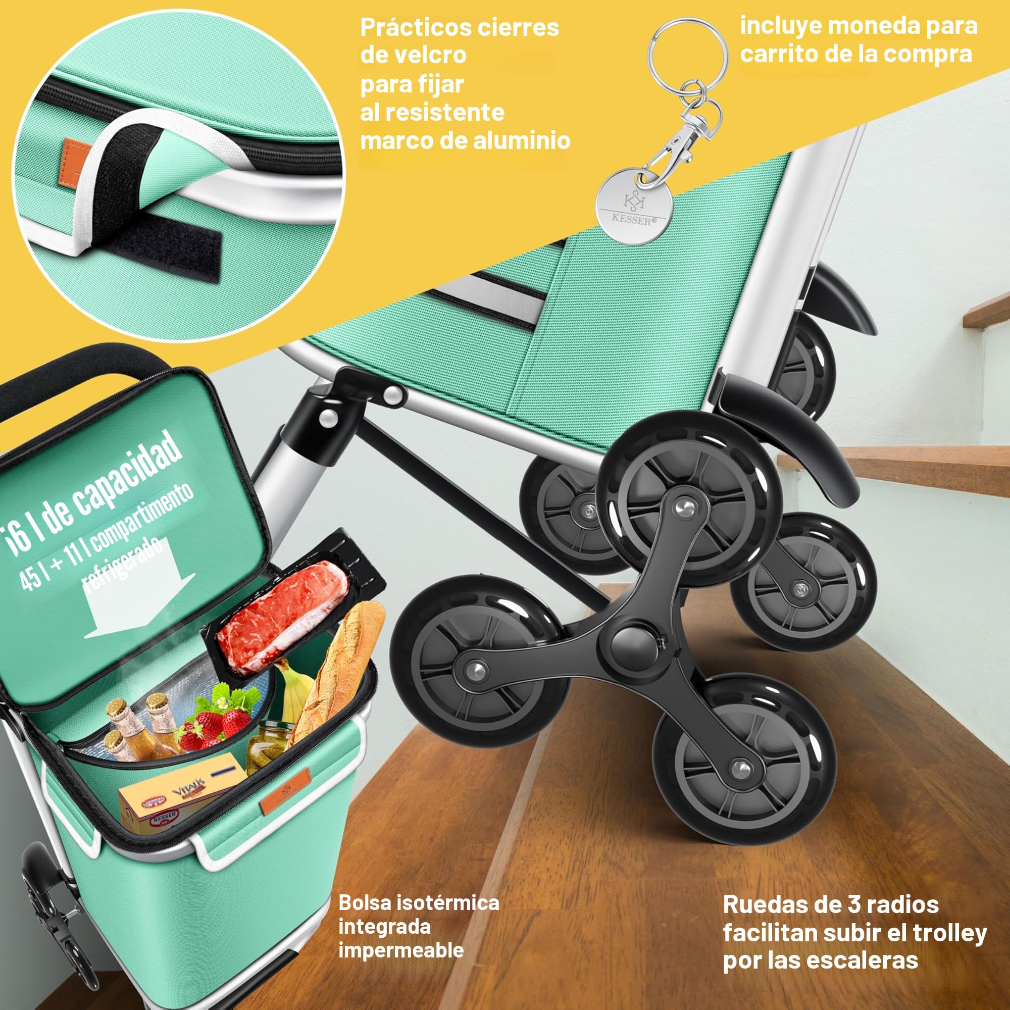KESSER® Carro de la compra- Carro de la Compra con Compartimento Frigorífico, 56L de Capacidad, Capacidad de Carga hasta 50kg, 3en1 Carro y Bolsa bandolera, incl. Chip de compra, Plegable, Verde Menta