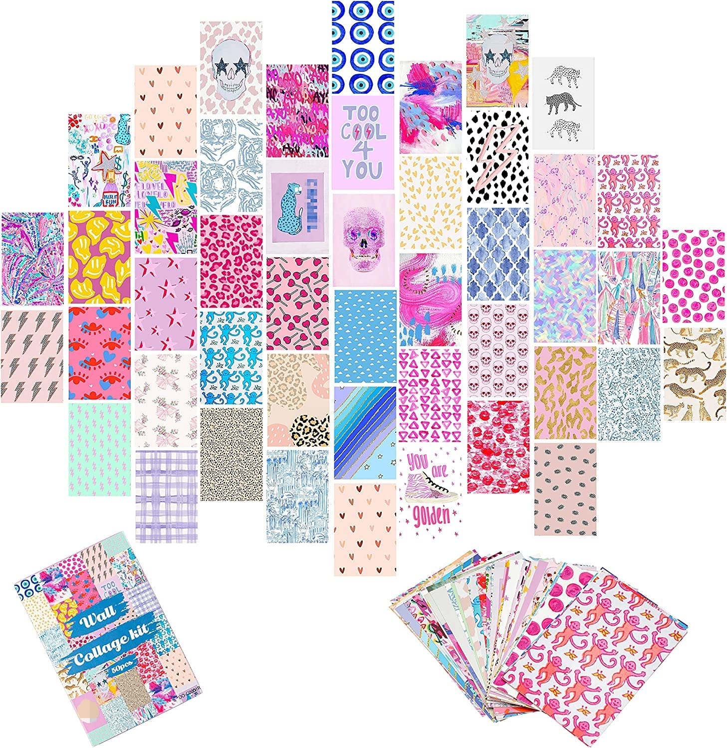 YINGENIVA 50PCS Preppy Aesthetic Pictures Wall Collage Kit, Retro Style Photo Collections Collage Dorm Decorations for Teens and Young Adults, Wall Prints Kit, Small Posters for Room Bedroom Aesthetic