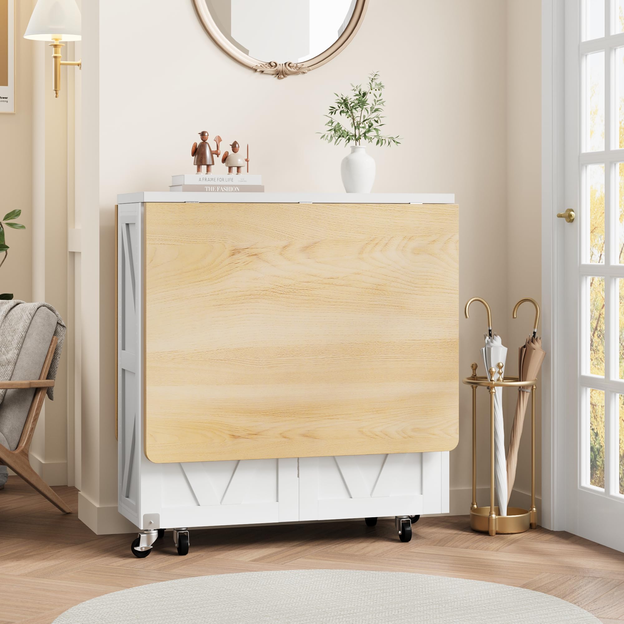 Jocoevol Table à Manger Pliante sur roulettes, Table De Cuisine avec Tiroir Et Espace De Rangement pour 2 À 4 Personnes, Idéale pour Petits Espaces, Salles À Manger Et Cuisines (Érable Blanc)