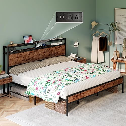 Marco de cama tamaño King, marco de cama de plataforma con cabecera de almacenamiento de 2 niveles y estación de carga, no necesita somier, sin