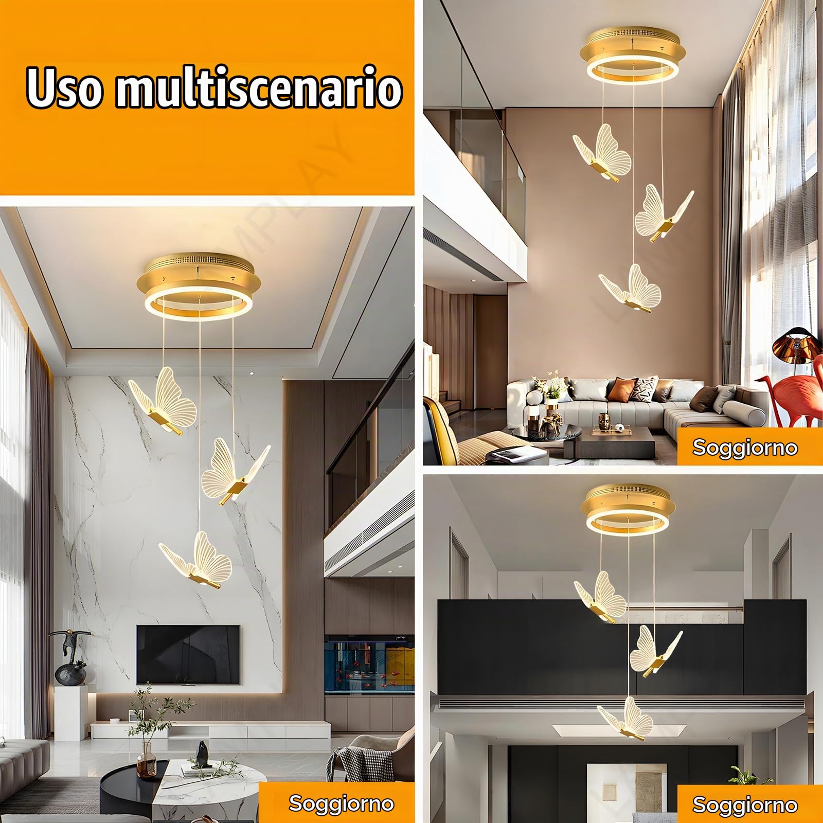 Lampadario Moderno A LED Dorato, Dimmerabile A 3 Luci A Forma Di Farfalla 3000K-6000K Con Telecomando, Lampada Da Soggiorno Regolabile In Altezza, Per Corridoio Sala Da Pranzo Scale Villa