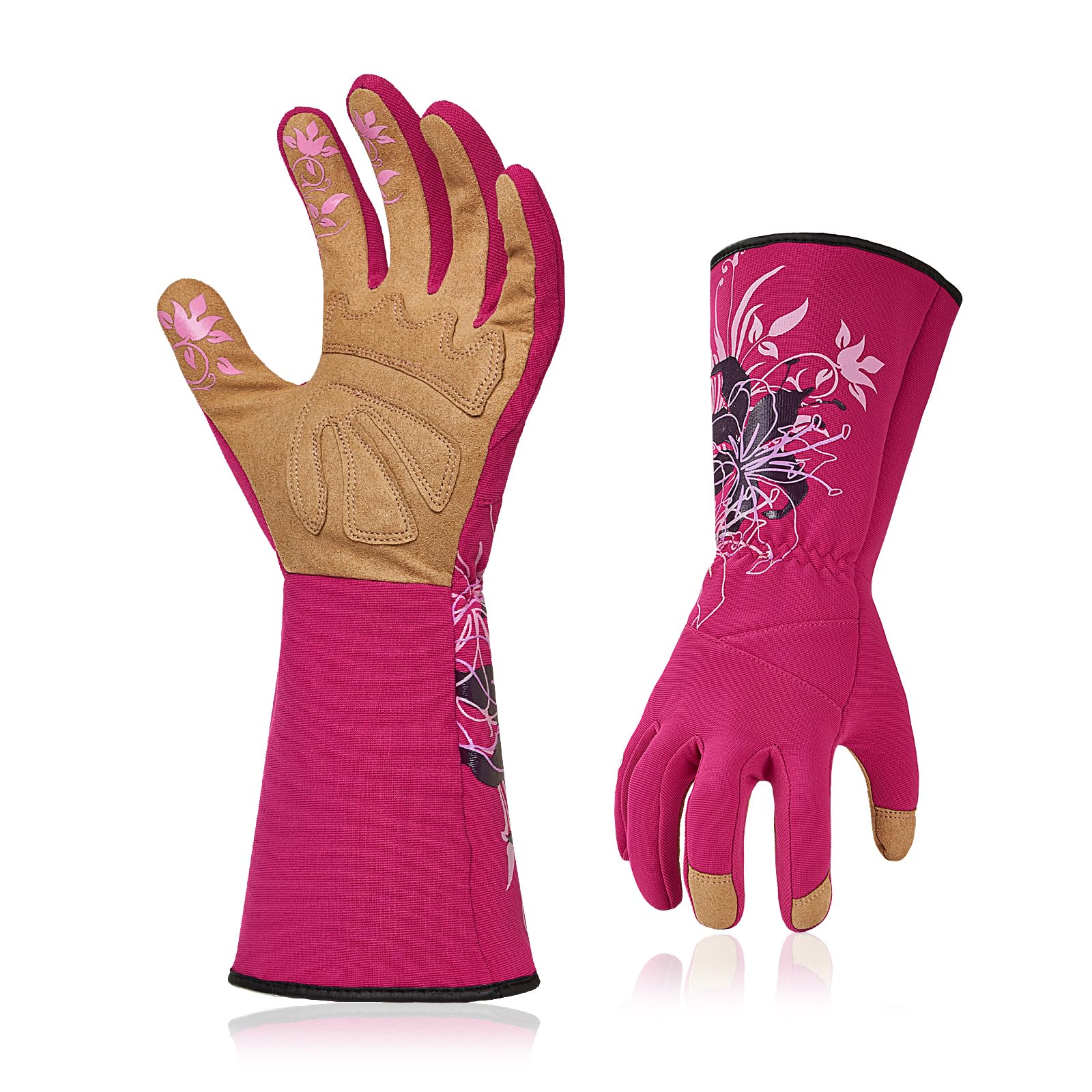Vgo... Guantes de Jardinería para Mujeres de Cuero Anti-espinas Antipinchazos, Guantes Trabajo Largos Protección de Antebrazo,1 par