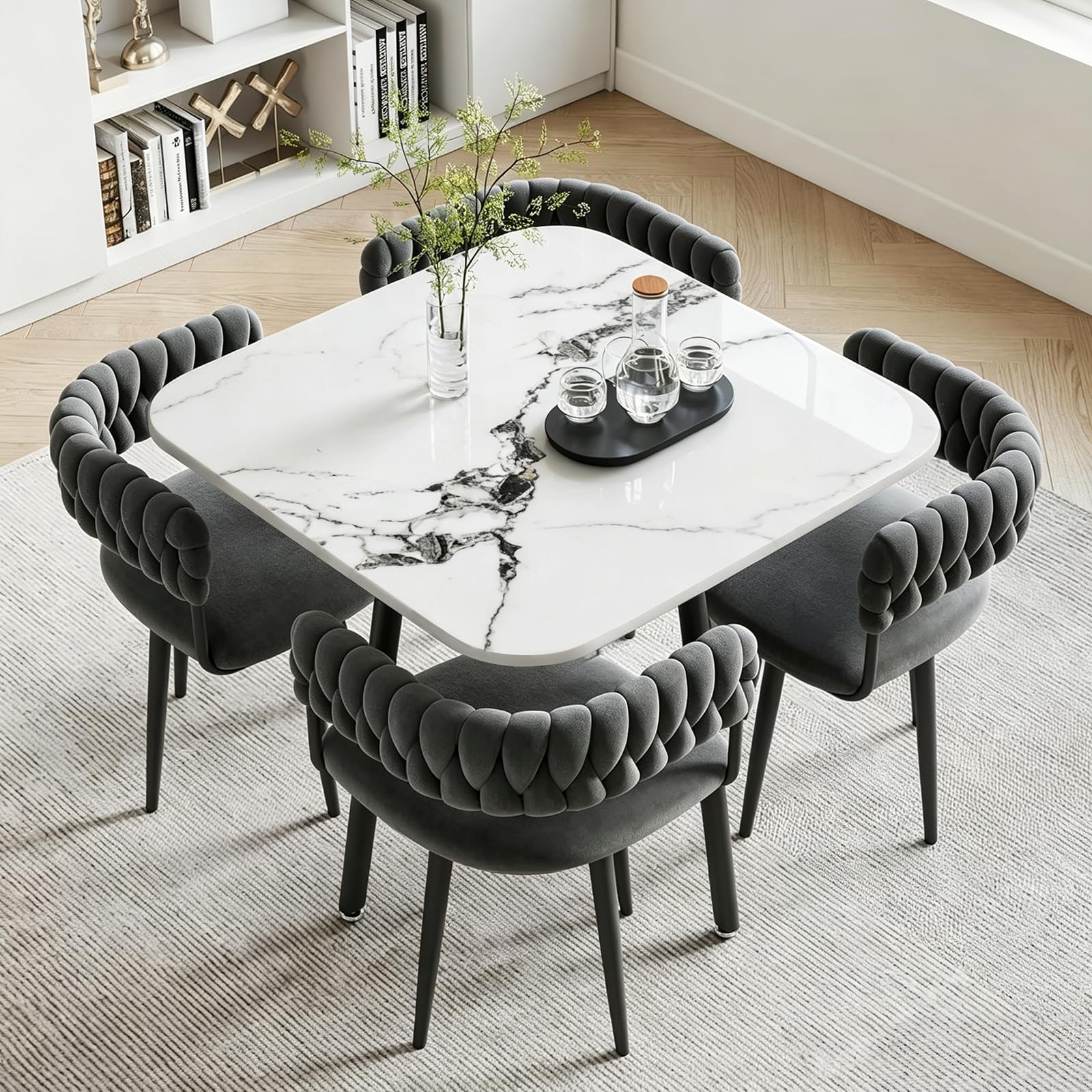 Juego de comedor moderno de 5 piezas: mesa cuadrada de piedra sinterizada con 4 sillas acolchadas de poliuretano, diseño de mármol blanco, ahorra espacio para comedor y apartamento