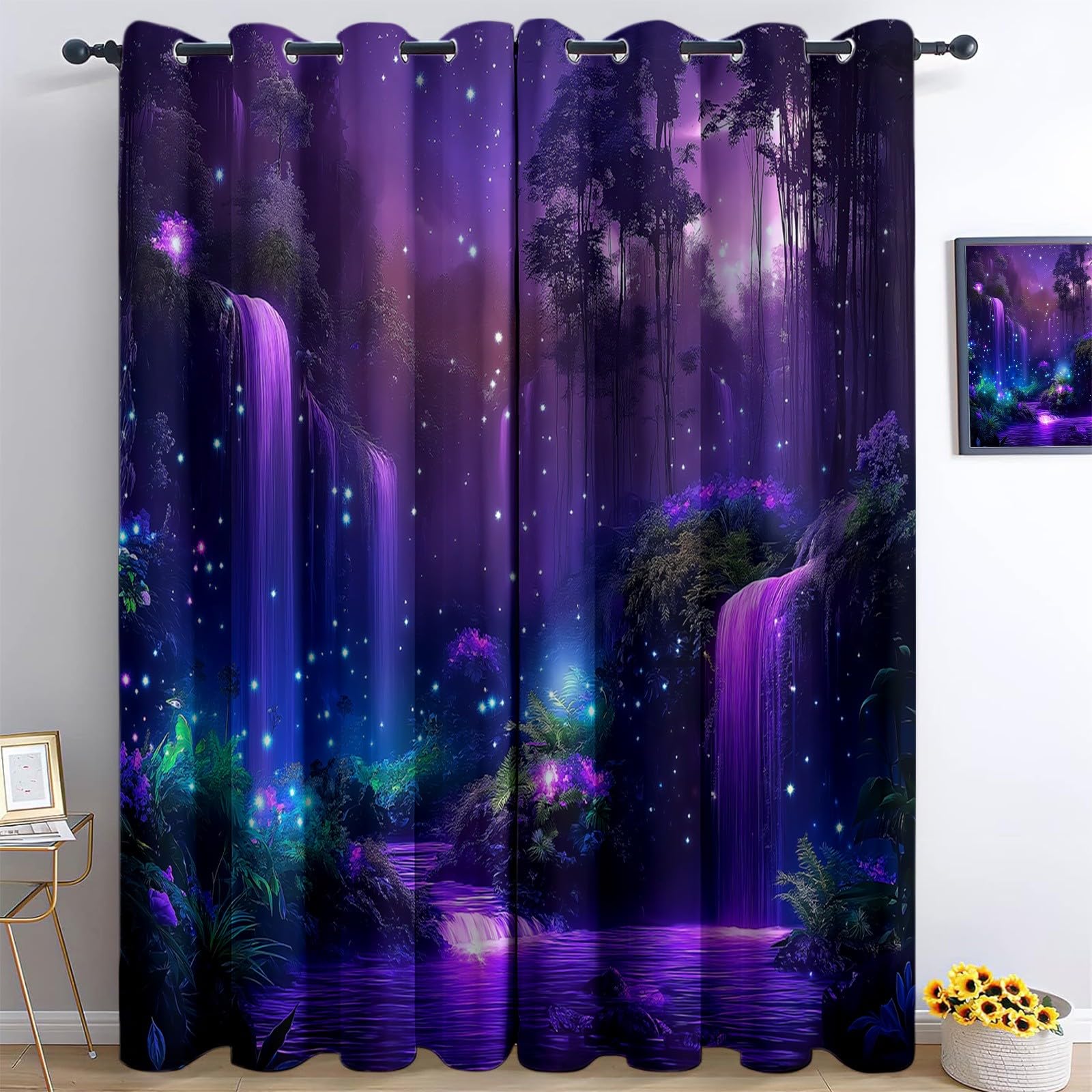 Poliestrowa zasłona zaciemniająca magiczny i jasny las nowoczesne draperie do salonu sypialnia dziecięca, zasłony kuchenne z izolacją termiczną odporne na zimno z oczkami fioletowe 2 panele 140 x 245