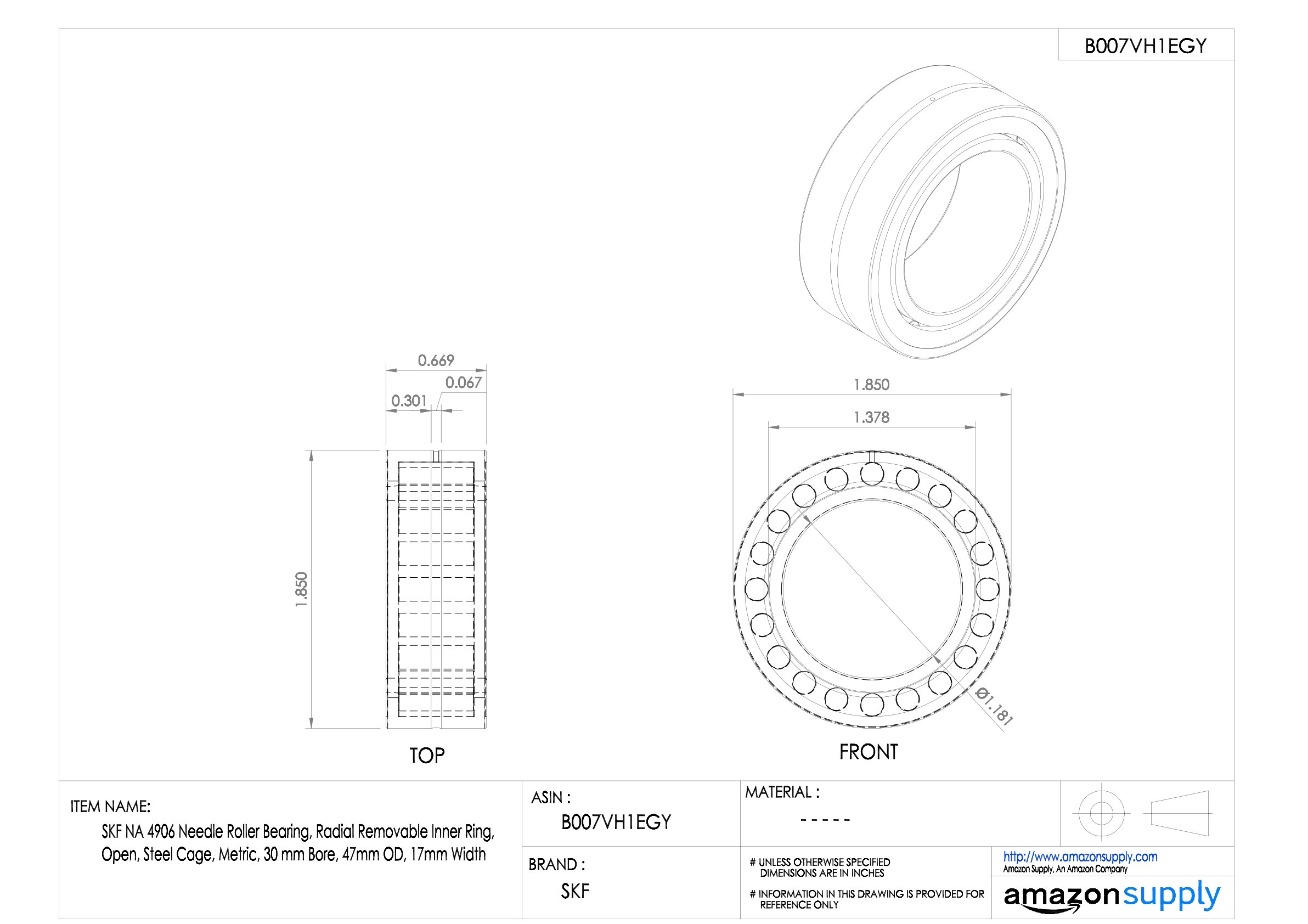 SKF Nadellager, radial, abnehmbarer Ring, innen offen, Stahl Käfig, metrisches, 30 mm Bore,47 mm OD,17 mm width, 1