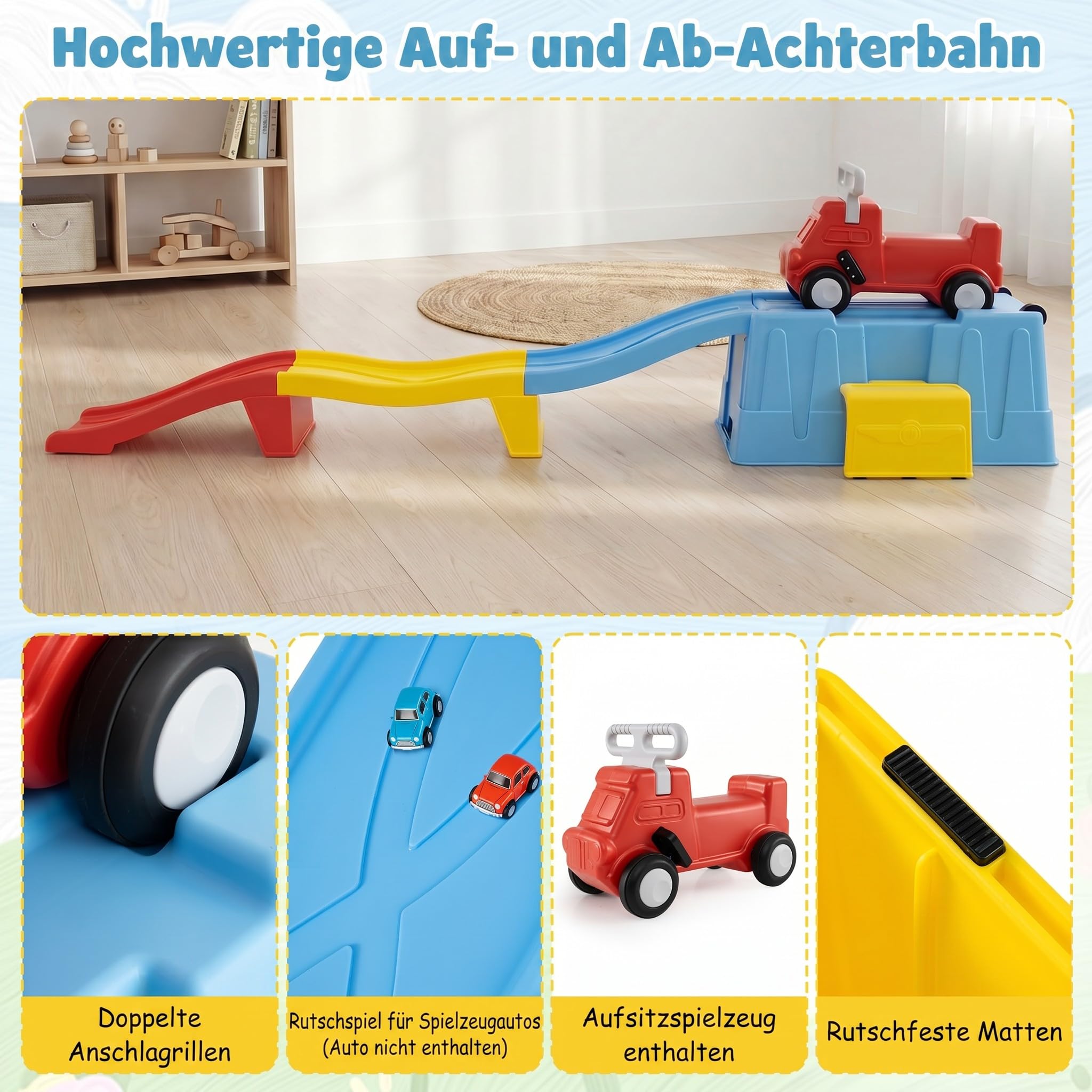 COSTWAY Up & Down Roller Coaster bis 68 kg belastbar (Blau + Gelb + Rot) | erweiterbare Kinderachterbahn mit Rutschauto, Aufbewahrungsbox & Abfahrtsrennbahnen, Motorikspielzeug für kinder ab 3 Jahre