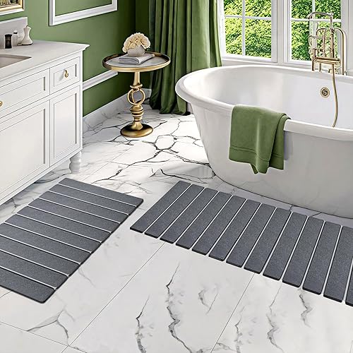 Paquete de 2 tapetes de baño plegables de piedra, alfombra de baño gris súper absorbente de tierra de diatomeas, tapete de ducha antideslizante,