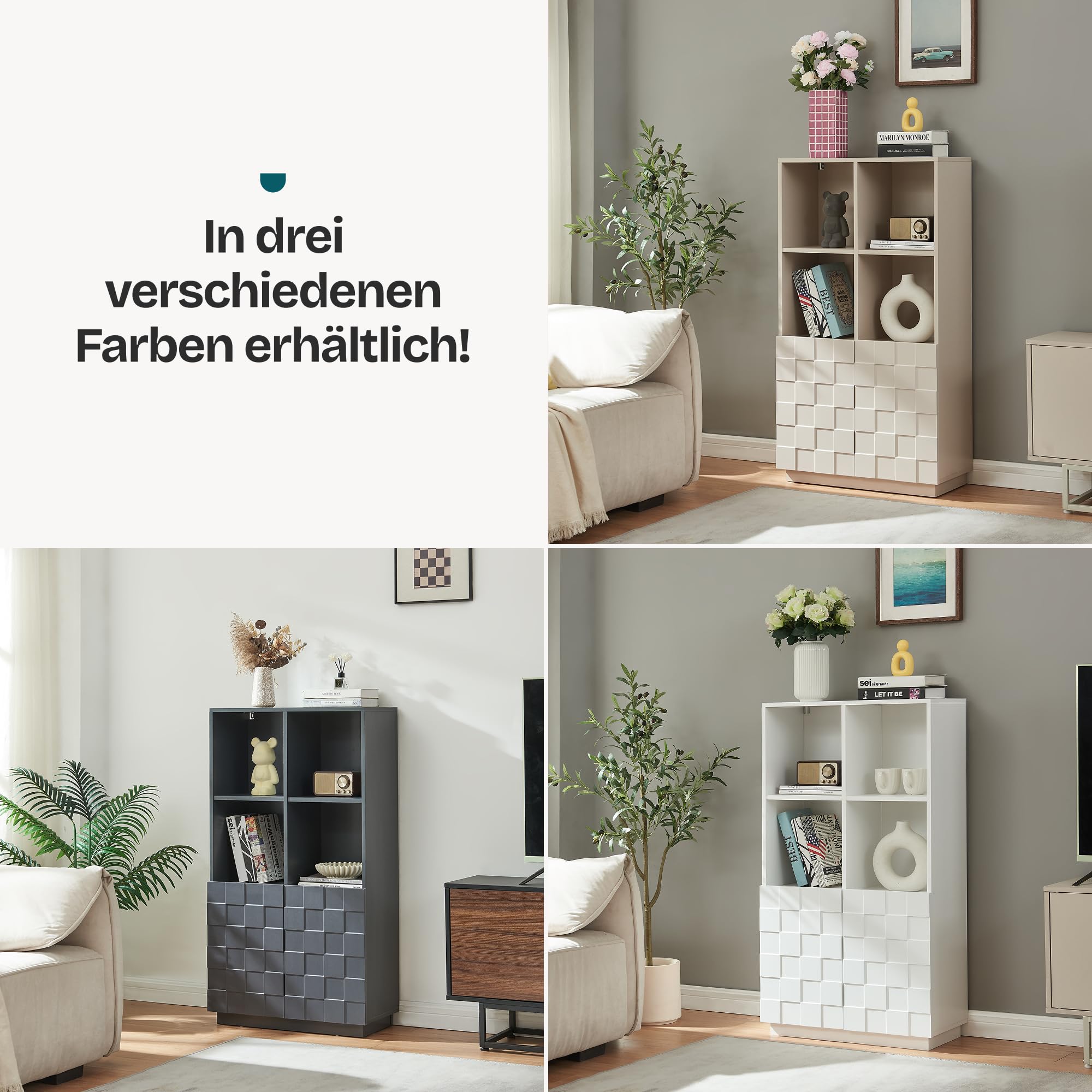 [en.casa] Highboard Wohnzimmer Bopibobro Hochschrank mit 2 Türen 3D-Front Büroschrank 4 Fächer 118 x 64 x 30 cm Kommode Beige
