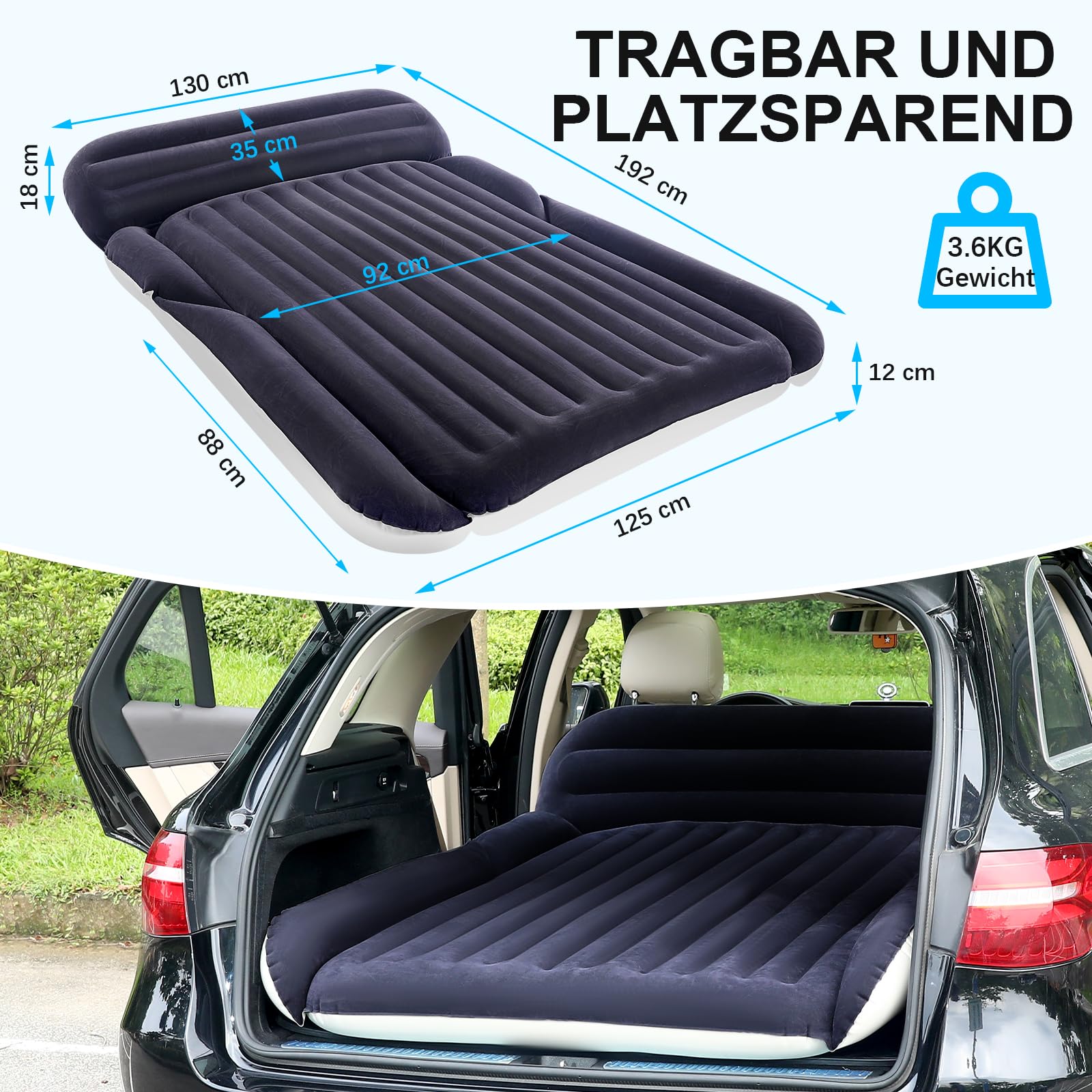 KMZ SUV Luftmatratze mit 2 Kissen – Dickere und Beflockung Auto-Bett – Bewegliche Reisen Matratze für Camping & Outdoor – Schnelles Aufblasbare & Entleeren mit elektrische Luftpumpe